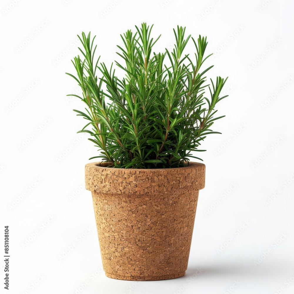 Rosemary in a natural cork pot with a minimalist design isolated on a solid white background Rosemary in a natural cork pot with a minimalist design isolated on a solid white background