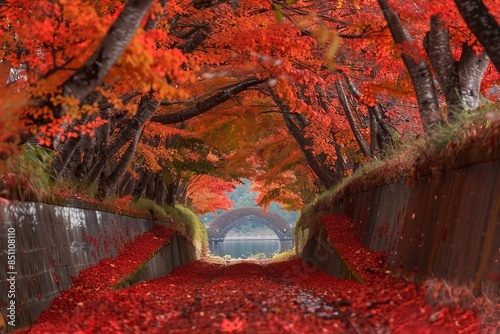 Maple Corridor (Momoji Kairo) at Kawaguchiko Lake in Autumn, Yamanashi, Japan photo