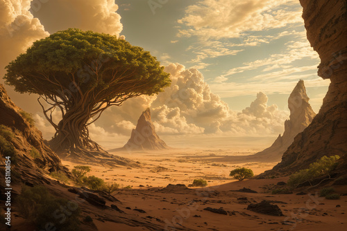 Serene desert landscape with large, gnarled tree standing prominently in the center, surrounded by rock formations and a clear sky filled with clouds. photo
