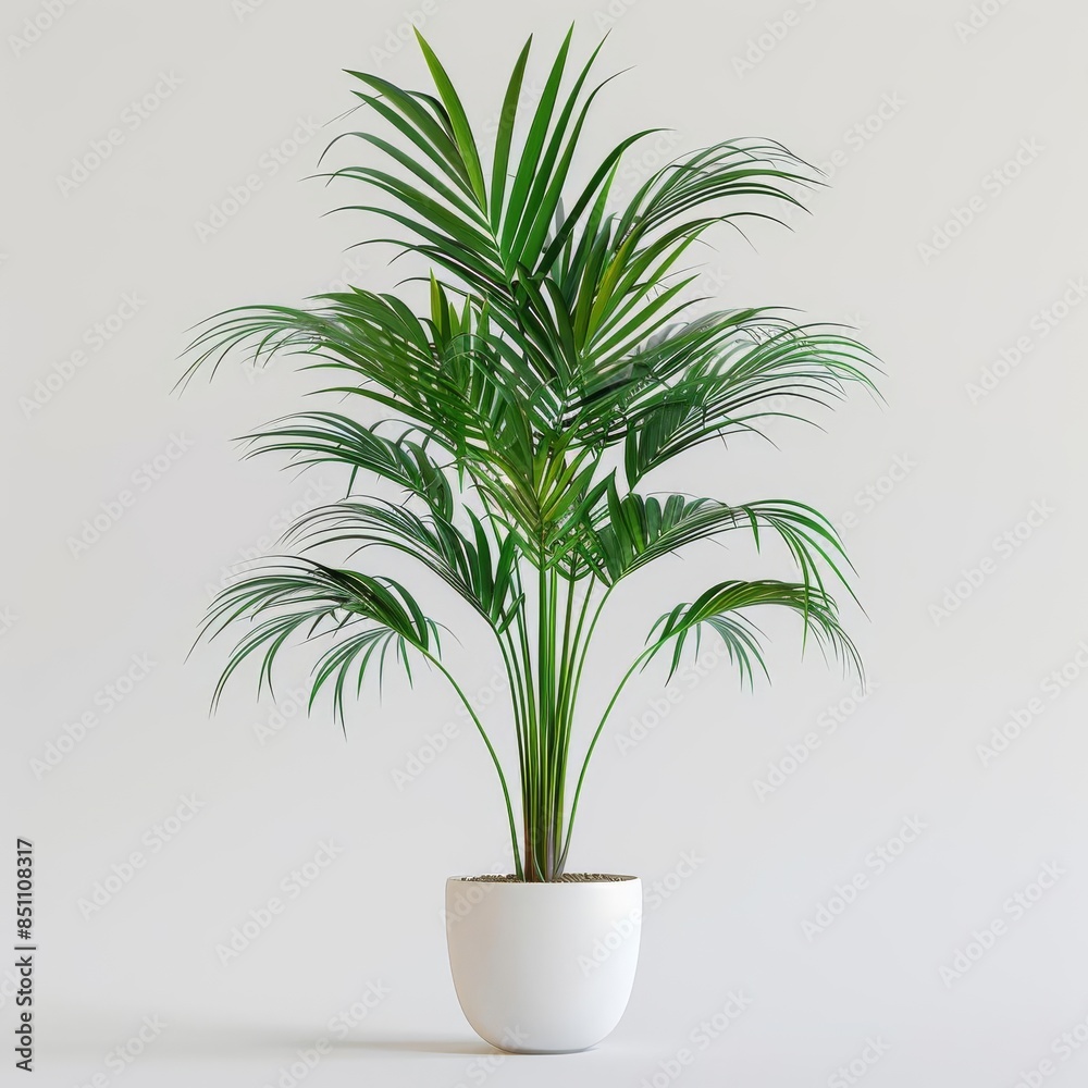 Tall kentia palm in a white minimalist pot isolated on a solid white background Tall kentia palm in a white minimalist pot isolated on a solid white background