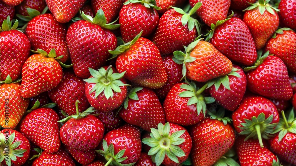 Develop a mouthwatering image with neural network technology, focusing on a close-up, top view of ripe strawberries to create a vivid and textured red background Develop a mouthwatering image with neural network technology, focusing on a close-up, top view of ripe strawberries to create a vivid and textured red background