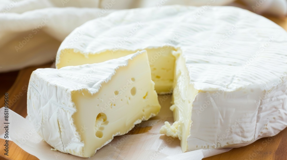 A slice of white cheese is cut from a large white cheese wheel A slice of white cheese is cut from a large white cheese wheel