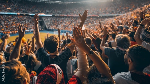 A massive crowd of enthusiastic fans cheering at a sports event, A crowded sports event with fans cheering on their favorite teams