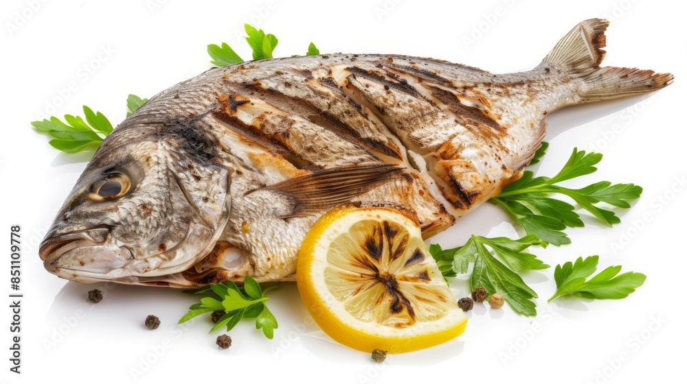 A fish is on a plate with a lemon and parsley