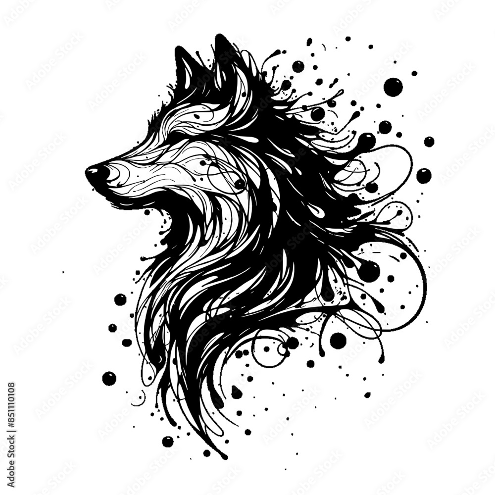 line art of black paint splashes forming a wolf animal line art of black paint splashes forming a wolf animal
