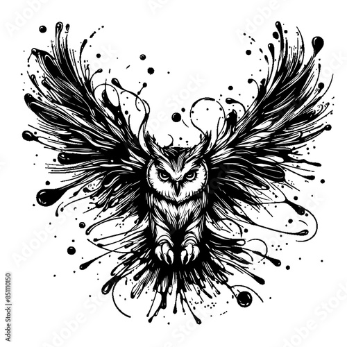 line art of black paint splashes forming an owl
