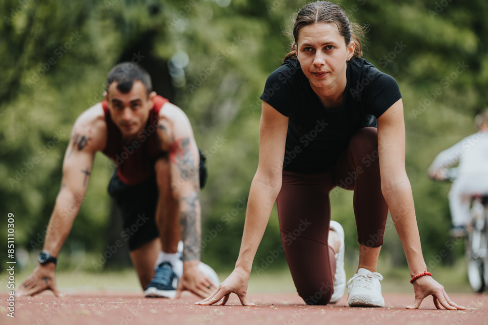 Two athletic friends focused and ready to sprint on a track surrounded by greenery, displaying determination and teamwork.