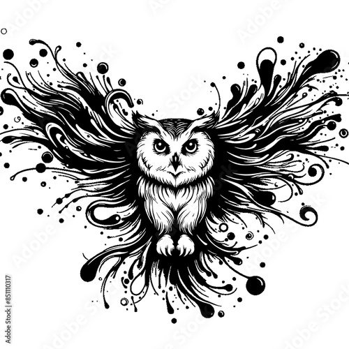 line art of black paint splashes forming an owl