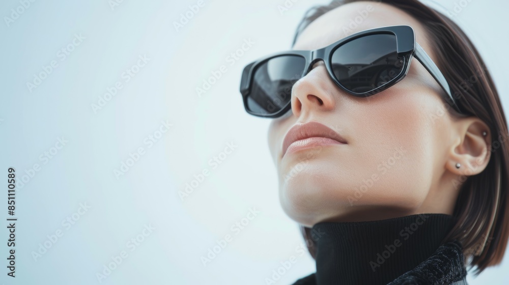 A woman wearing sunglasses and a black sweater A woman wearing sunglasses and a black sweater