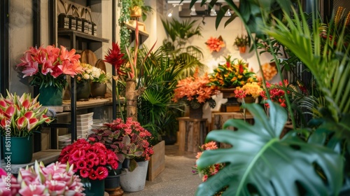 An interior shot of a flower shop, showcasing a variety of colorful flowers in pots. Large, tropical plants are in the foreground and background, creating a lush, vibrant atmosphere.