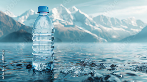 A bottle of water is floating in a lake with mountains in the background