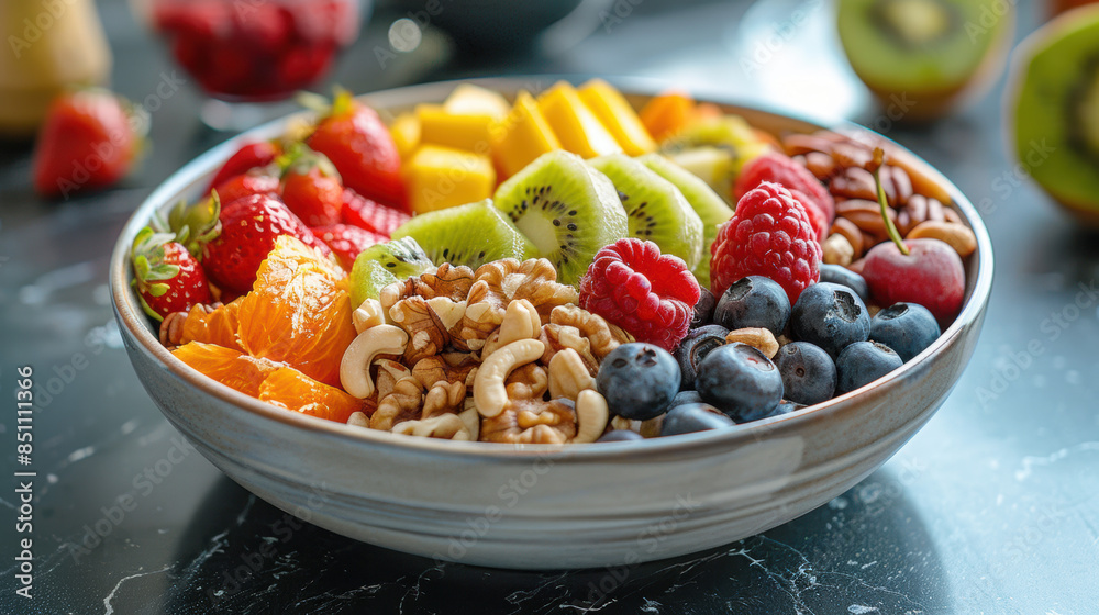 A bowl of fruit with a variety of fruits including oranges, strawberries A bowl of fruit with a variety of fruits including oranges, strawberries
