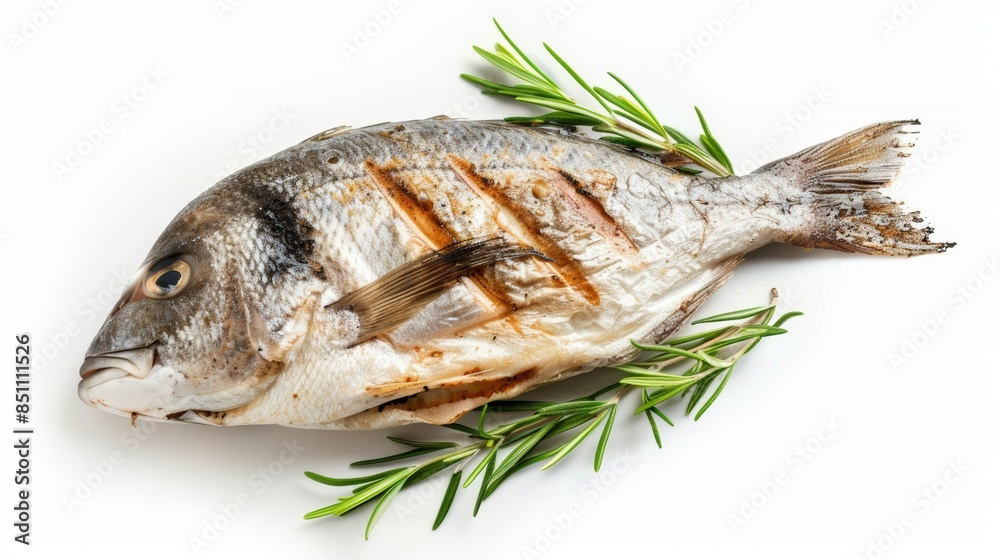 A fish is on a white background with some green leaves A fish is on a white background with some green leaves
