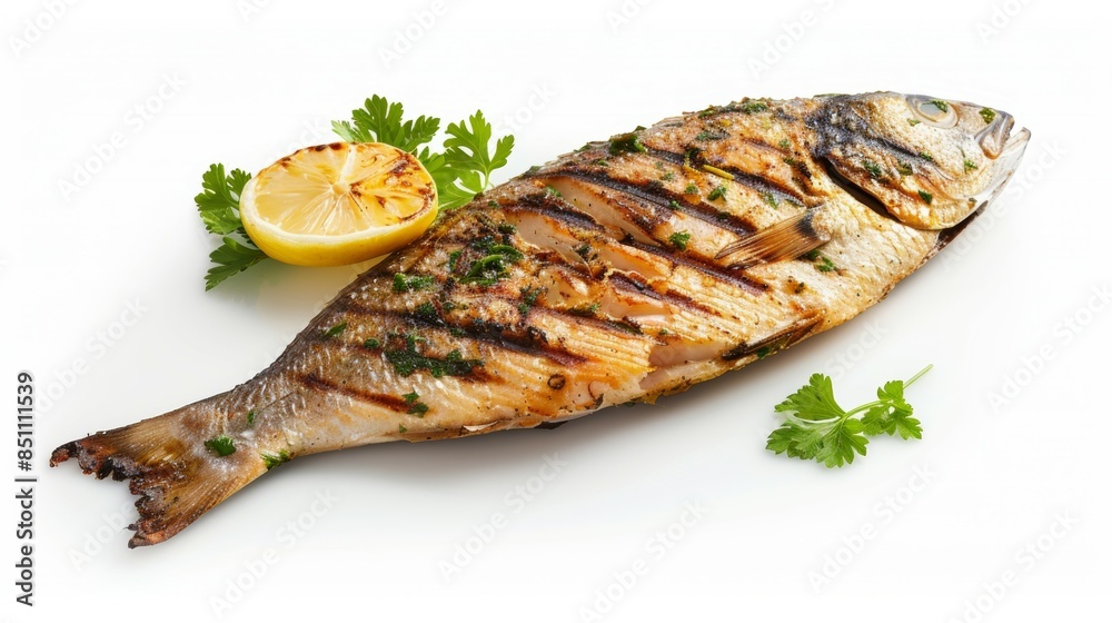 A fish is grilled and garnished with lemon and parsley A fish is grilled and garnished with lemon and parsley
