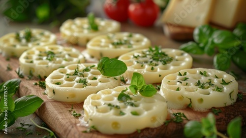 A plate of small, round, cheese-filled pastries with green herbs on top