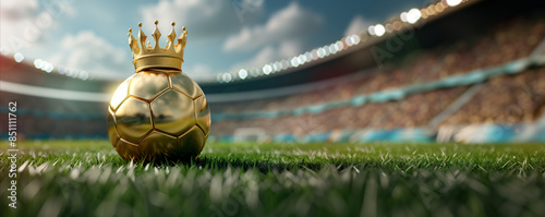 a golden soccer ball adorned with a crown on the grass, set against the backdrop of a majestic stadium. The image captures the atmosphere of victory and prestige in a grand sports arena.