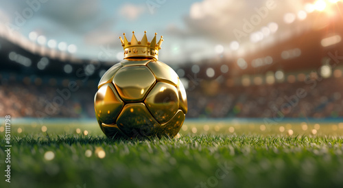 a golden soccer ball with a crown on top, placed on a lush green grass field within a stadium setting during a sunny day. Symbolizing victory and excellence in football. photo