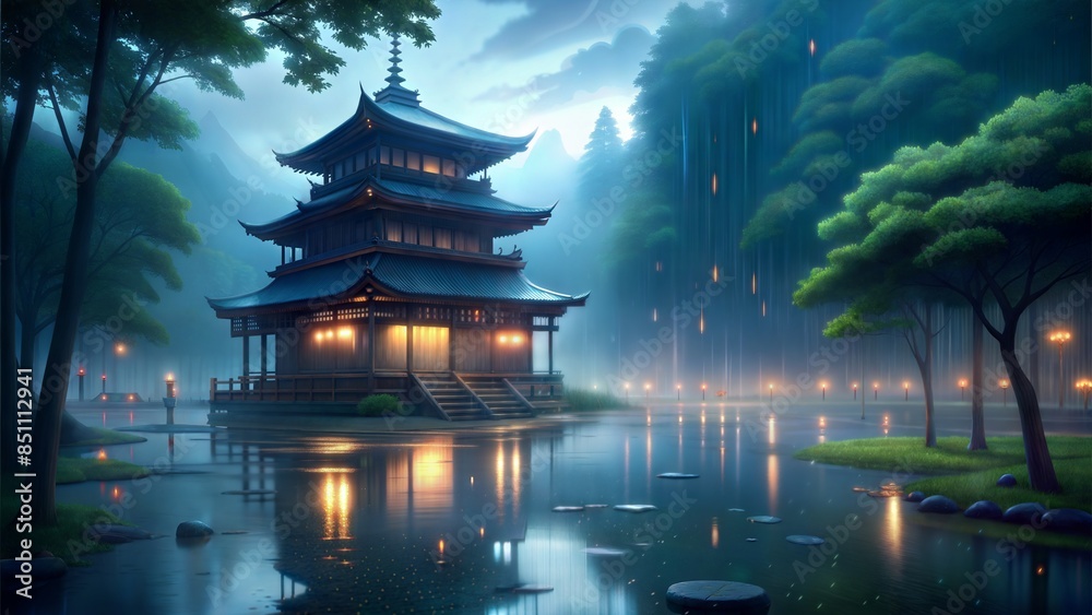 a rainy day on the streets of Kyoto, with reflections on the water on ground, lots of trees and a japanese temple on the horizon a rainy day on the streets of Kyoto, with reflections on the water on ground, lots of trees and a japanese temple on the horizon