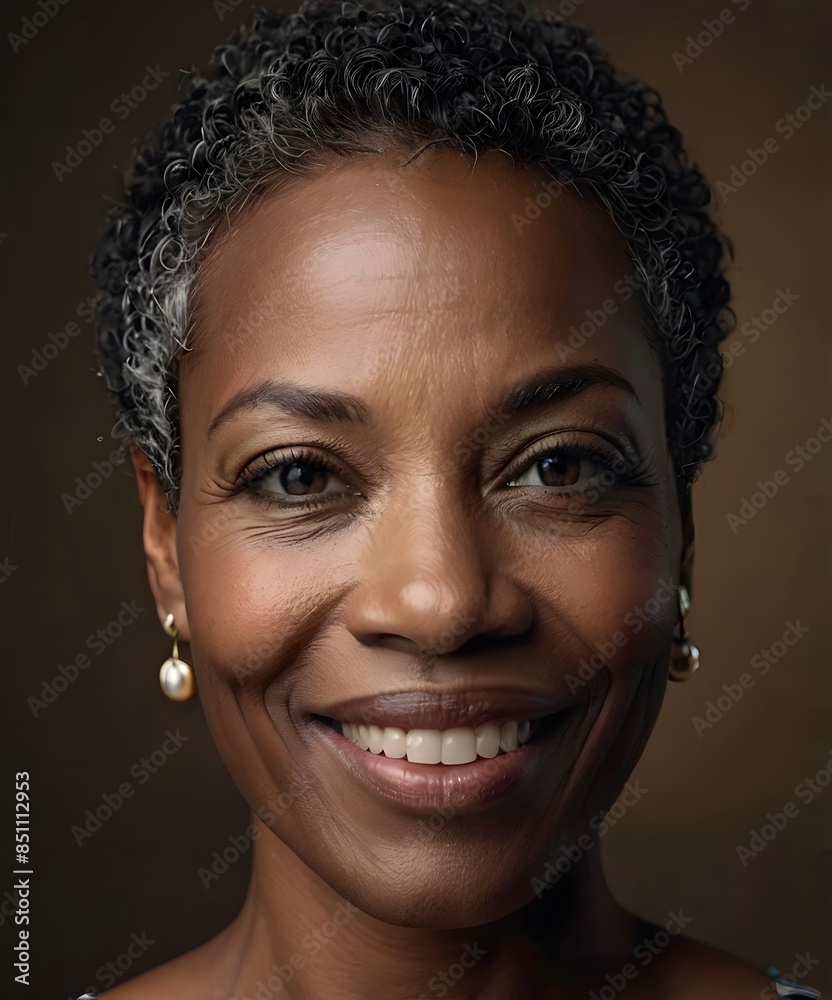 Portrait of a very short hair middle age african woman, smiling, front view. Portrait of a very short hair middle age african woman, smiling, front view.