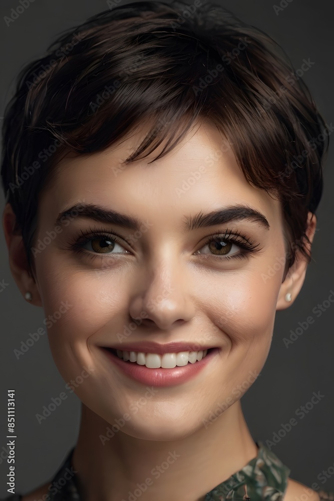 Portrait of a beautiful young woman, dark hair, smiling, front view. Portrait of a beautiful young woman, dark hair, smiling, front view.
