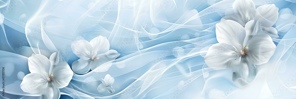 Blue ribbon banner with an abstract background, white flowers and blurred wave elements, copy space for text backdrop suitable for various themes such as fashion, beauty, wedding, or spring Blue ribbon banner with an abstract background, white flowers and blurred wave elements, copy space for text backdrop suitable for various themes such as fashion, beauty, wedding, or spring