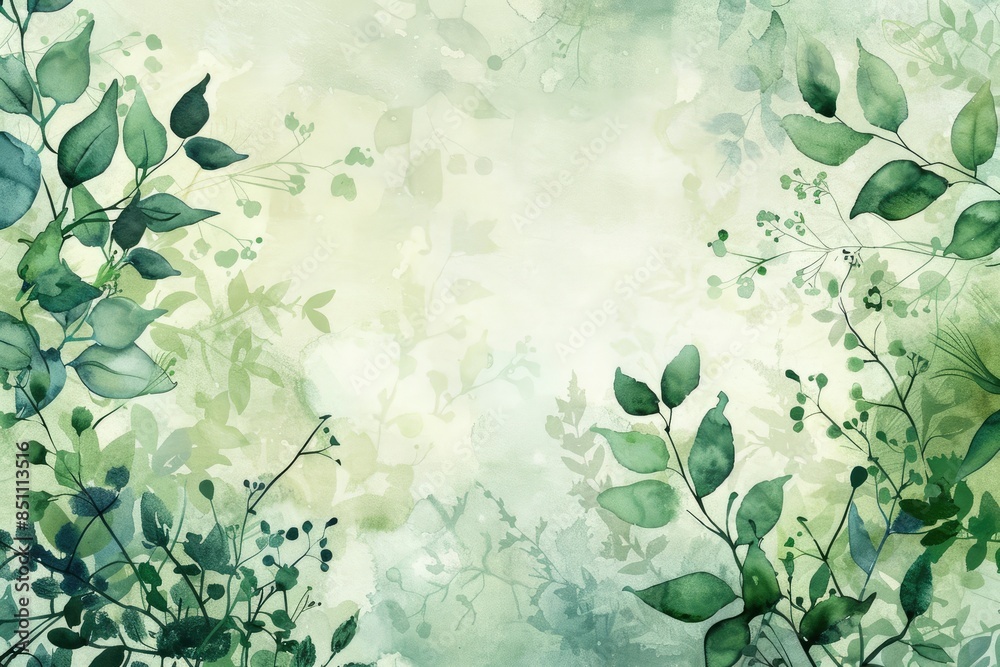 Spring floral border background in green with leaf watercolor illustration - generative ai Spring floral border background in green with leaf watercolor illustration - generative ai