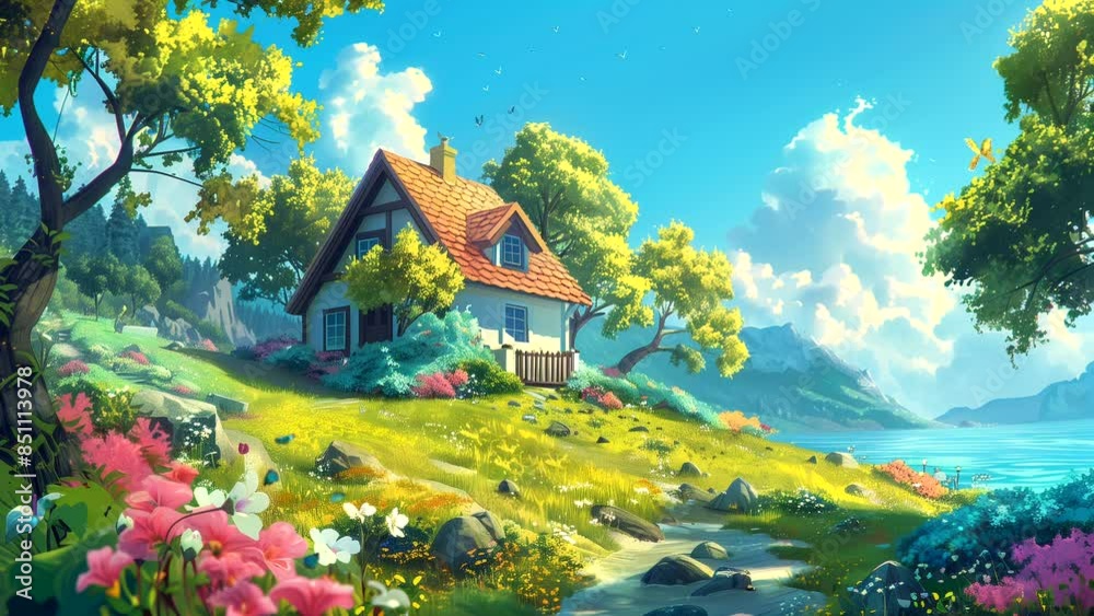 House on Hilltop with Meadow and Flowers in Summer. Seamless Looping Animation Background.