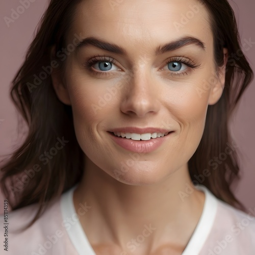 Portrait of a joyful 35 years old woman, blue eyes, dark brown hair, fair skin, beautiful smile.