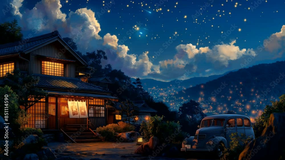 Tranquil Night Scene of House with Starry Sky and Parked Car. Seamless Looping Animation Background. Tranquil Night Scene of House with Starry Sky and Parked Car. Seamless Looping Animation Background.