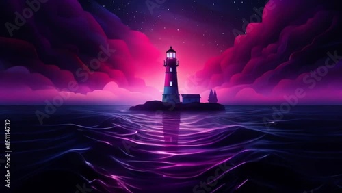 Graphic Art Lighthouse at Night Set Against a Pink and Violet Sky