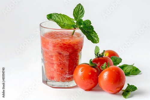 Wallpaper Mural Smoothies tomato in glass cup, tomato fruit, and leaf mint inside. Isolated on white background image. Torontodigital.ca