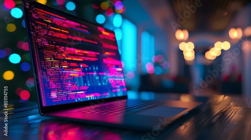 Close up of a laptop with colorful code on the screen, against a technology background, with blurred lights in a dark room, depicting a coding concept for software development banner template. © Aleena