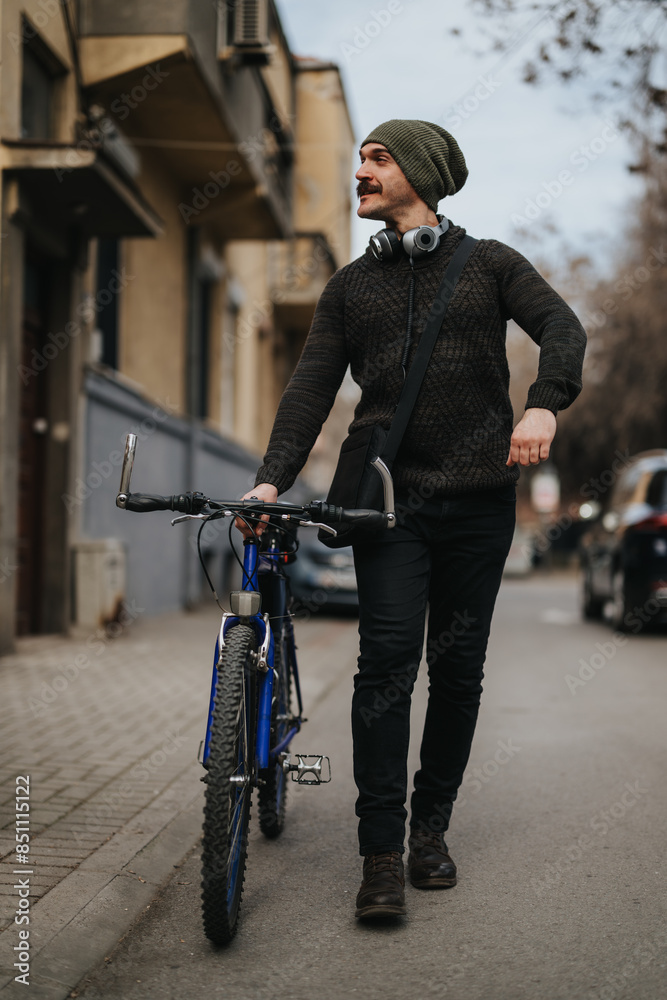 Stylish man with a beanie and headphones walking alongside his mountain bike in an urban setting, exuding casual confidence. Stylish man with a beanie and headphones walking alongside his mountain bike in an urban setting, exuding casual confidence.
