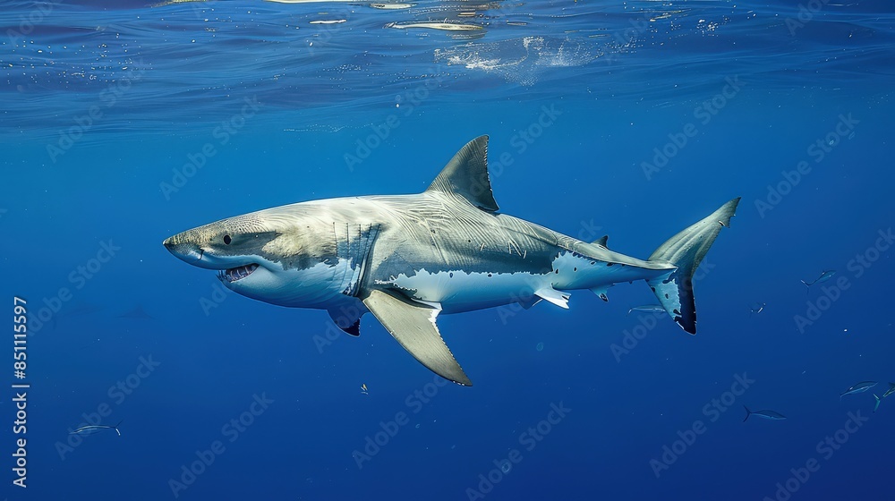 Great white shark underwater diagonal, focus on the front half Great white shark underwater diagonal, focus on the front half