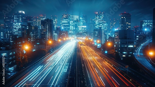 Nighttime Cityscape with Traffic Streaks