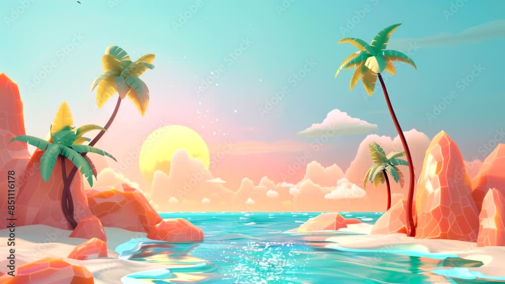Colorful cartoon animation background depicting a vibrant tropical beach with lush trees during a sunny summer day, ideal for playful and relaxing scenes.