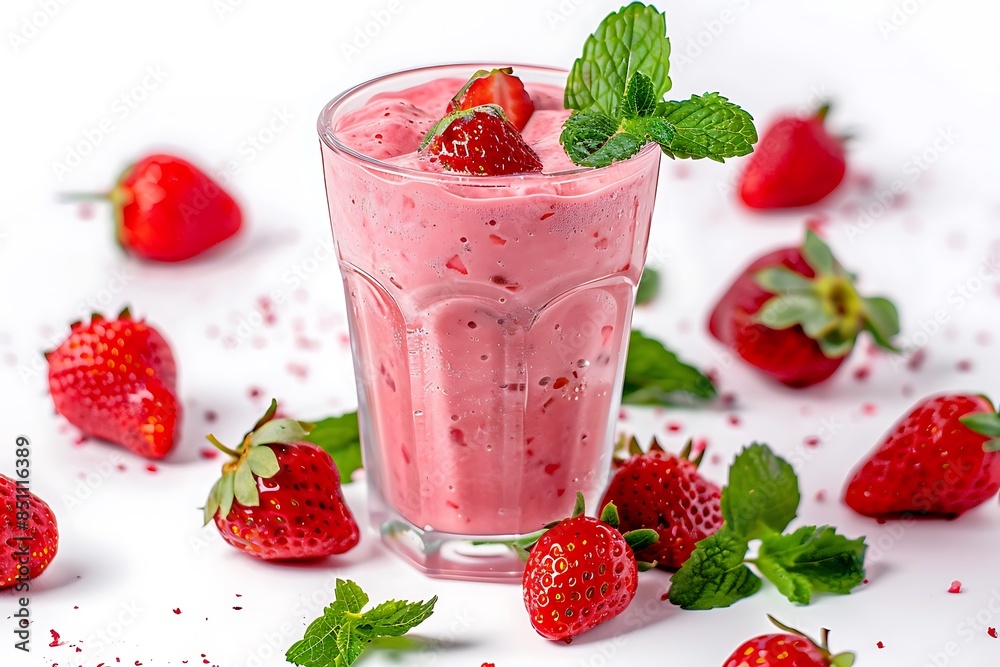 Smoothies strawberry in glass cup, fruit strawberry, and leaf mint inside. Isolated on white background. Smoothies strawberry in glass cup, fruit strawberry, and leaf mint inside. Isolated on white background.