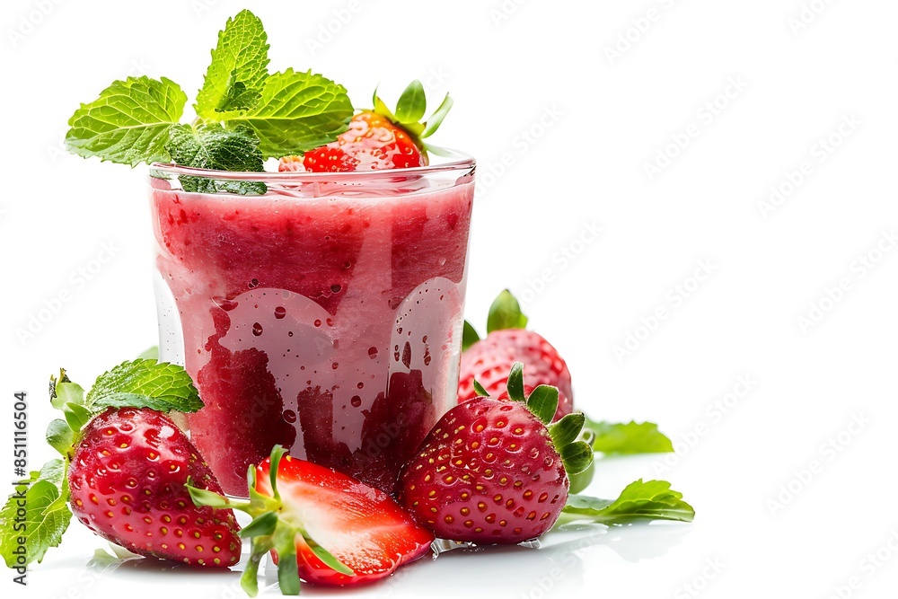 Smoothies strawberry in glass cup, fruit strawberry, and leaf mint inside. Isolated on white background. Smoothies strawberry in glass cup, fruit strawberry, and leaf mint inside. Isolated on white background.