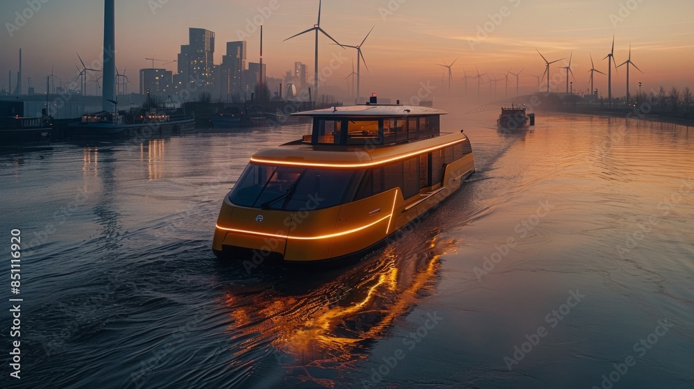 Fototapeta premium A modern, sleek passenger boat cruises down a canal at sunset, with wind turbines visible in the background.