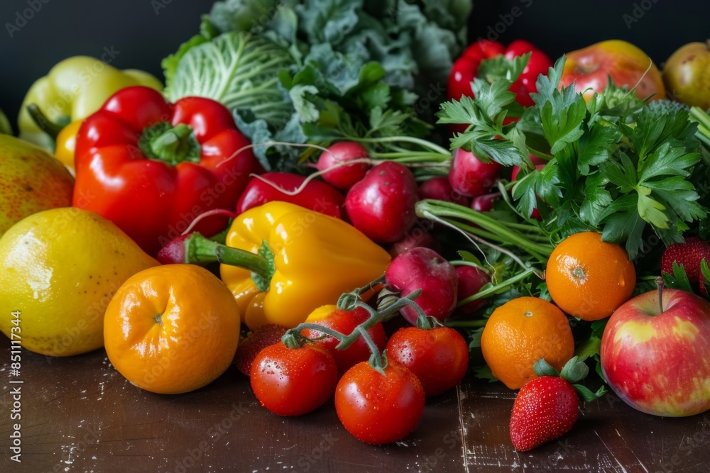 assortment of fresh vegetables and fruits on a wooden table, with bright colors and natural lighting assortment of fresh vegetables and fruits on a wooden table, with bright colors and natural lighting