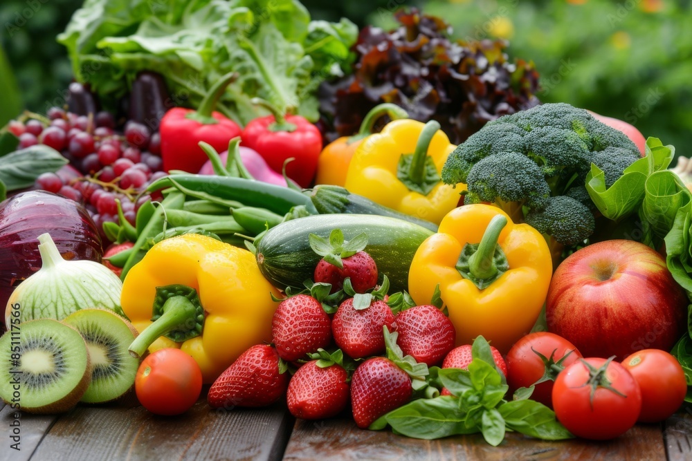 assortment of fresh vegetables and fruits on a wooden table, with bright colors and natural lighting assortment of fresh vegetables and fruits on a wooden table, with bright colors and natural lighting