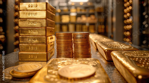 A large pile of gold coins and bars sit on a table