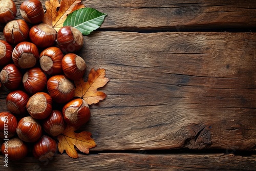  Autumn, Nuts, Fall leaves, Wooden background, Food photography, Healthy snacks, Brown nuts