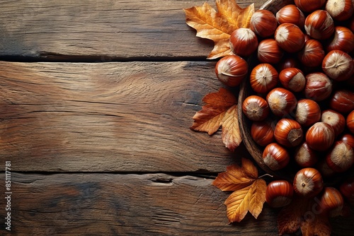  Autumn, Nuts, Fall leaves, Wooden background, Food photography, Healthy snacks, Brown nuts