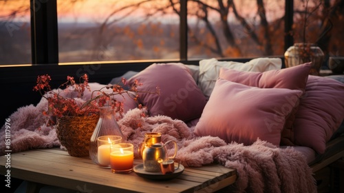 Comfortable armchair with blanket and cushions, warm resting environment. Relaxing environment to read.