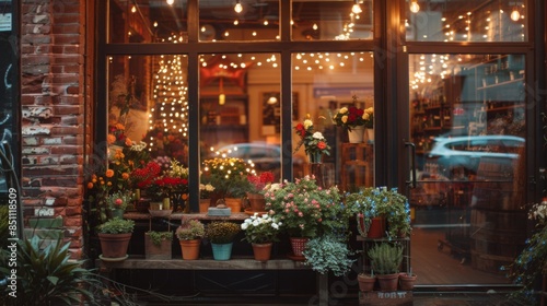 A flower shop window display featuring a variety of flowers and plants, illuminated by string lights. The shop is located in a brick building. © Prostock-studio