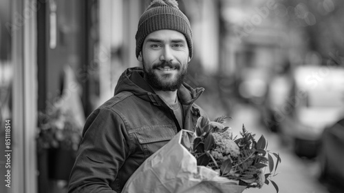 Black and White Portrait of a Smiling Man Holding a Paper Grocery Bag with Fresh Produce