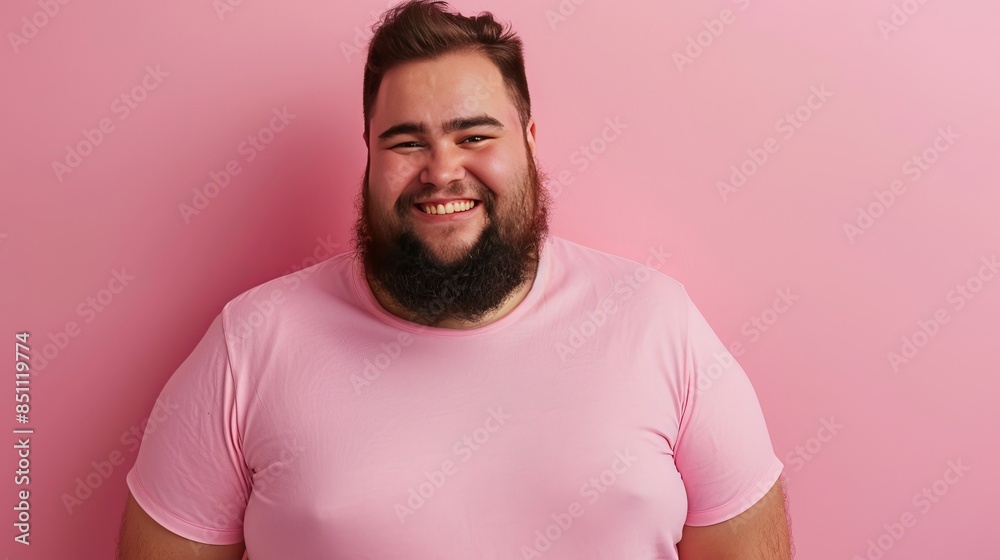 Happy young man with overweight and beard isolated on a pink background, looks into the camera and smiles. Fat guy in a pink shirt. isolated on a solid pink background. Illustrations Happy young man with overweight and beard isolated on a pink background, looks into the camera and smiles. Fat guy in a pink shirt. isolated on a solid pink background. Illustrations