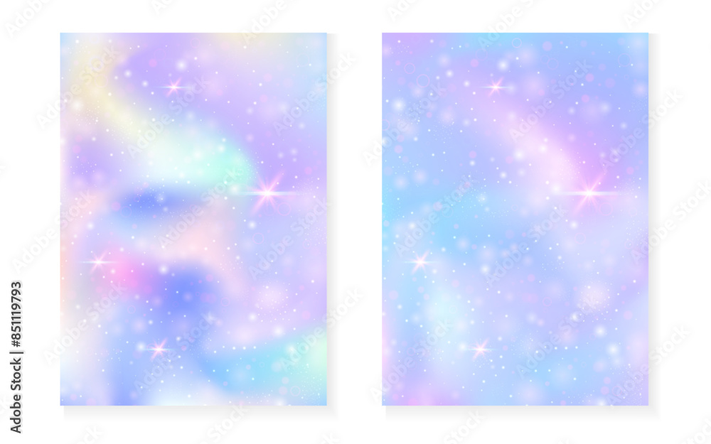 Magic background with princess rainbow gradient. Kawaii unicorn hologram. Holographic fairy set. Colorful fantasy cover. Magic background with sparkles and stars for cute girl party invitation. Magic background with princess rainbow gradient. Kawaii unicorn hologram. Holographic fairy set. Colorful fantasy cover. Magic background with sparkles and stars for cute girl party invitation.