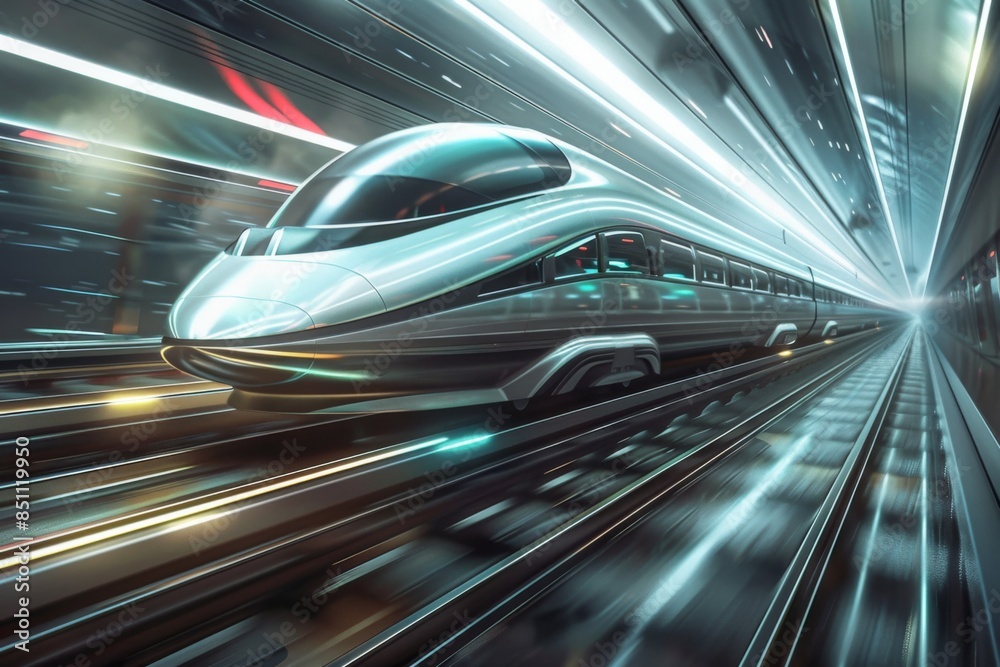 High-speed futuristic train rushing at high speed in a tunnel with bright lights. High-speed futuristic train rushing at high speed in a tunnel with bright lights.